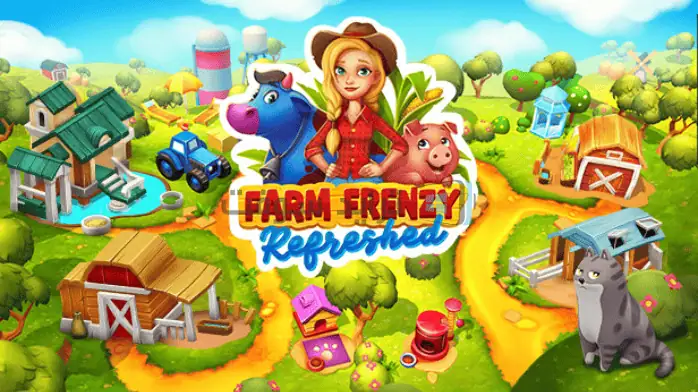 لافتة ملونة للعبة Farm Frenzy تعرض حيوانات المزرعة والمحاصيل والمناظر الطبيعية النابضة بالحياة، مما يعزز موضوع اللعبة المرح.