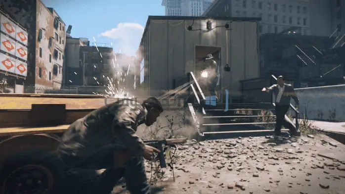 فن الغلاف للعبة Mafia 3 يظهر مشهدًا حضريًا قاسيًا مع شخصية مركزية تحمل مسدسًا، في خلفية الستينيات.