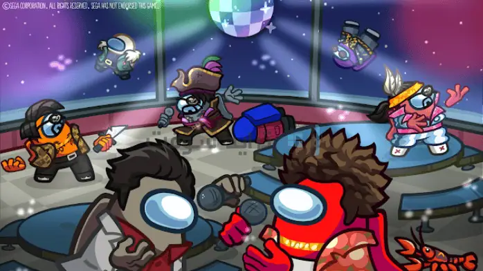 عمل فني رقمي يضم شخصيات من لعبة Among Us، تدور أحداثه في عام 2025 المستقبلي مع ألوان نابضة بالحياة وعناصر الخيال العلمي.