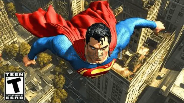 غلاف لعبة كمبيوتر ذات طابع سوبرمان يظهر البطل الخارق الشهير أثناء العمل على خلفية أفق المدينة.