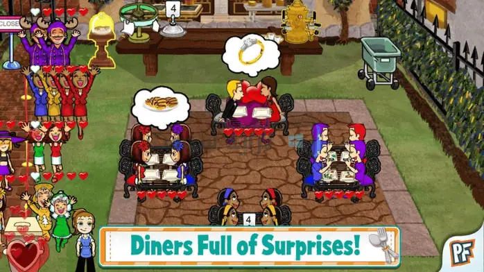 فن الغلاف للعبة Diner Dash 2، يضم مشهد مطعم نابض بالحياة مع شخصيات تقدم الطعام وتدير العملاء.