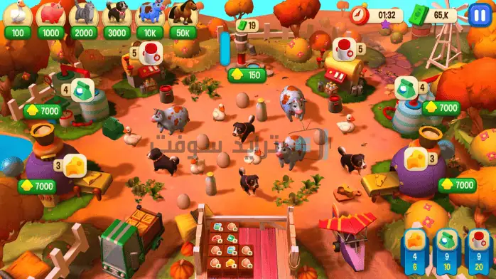 مشهد مزرعة نابض بالحياة من Farm Frenzy 2025، يضم الحيوانات والمحاصيل وبيئة المزرعة الصاخبة.