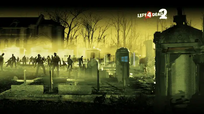 لقطة شاشة للعبة Left 4 Dead 2 على الكمبيوتر الشخصي، تظهر فيها شخصيات تقاتل الزومبي في بيئة ما بعد نهاية العالم.