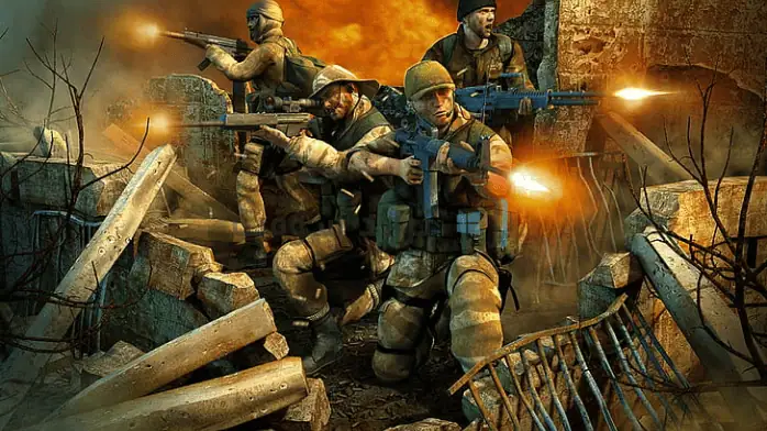 فن الغلاف للعبة Desert Storm للكمبيوتر الشخصي، يظهر المركبات العسكرية والجنود في مشهد صحراوي.