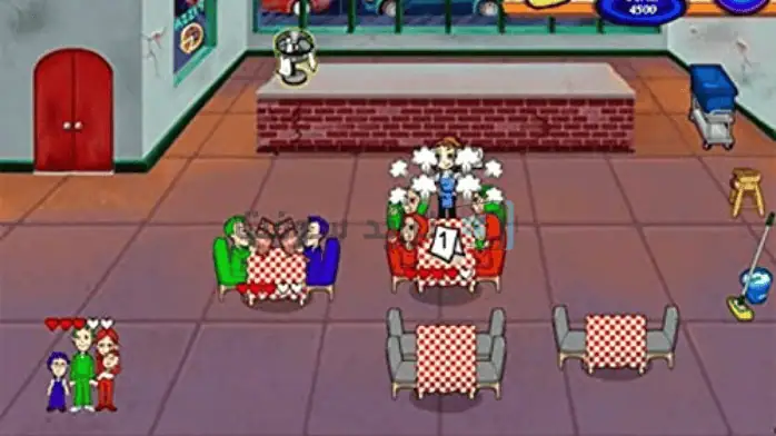 لقطة شاشة للعبة Diner Dash 2 على الكمبيوتر الشخصي، تتميز برسومات وشخصيات ملونة في مطعم صاخب.