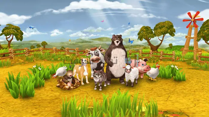 لقطة شاشة للعبة Farm Frenzy على الكمبيوتر الشخصي، تتميز برسومات ملونة للحيوانات والمحاصيل وبيئة مزرعة نابضة بالحياة.