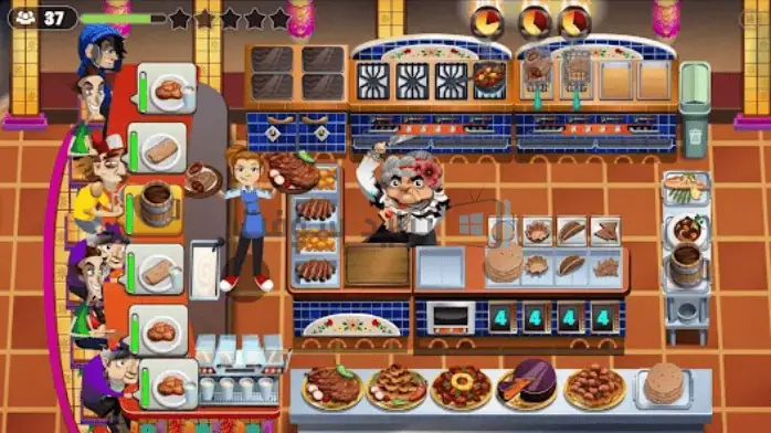 صورة Diner Dash 2 تعرض صورًا جذابة لموظفي الخدمة والعملاء في بيئة مطعم ديناميكية.