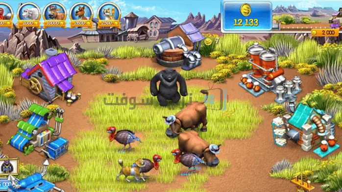 لقطة شاشة للعبة Farm Frenzy على الكمبيوتر الشخصي، تتميز بوجود حيوانات مزرعة ملونة ومناظر طبيعية نابضة بالحياة في بيئة مرحة.