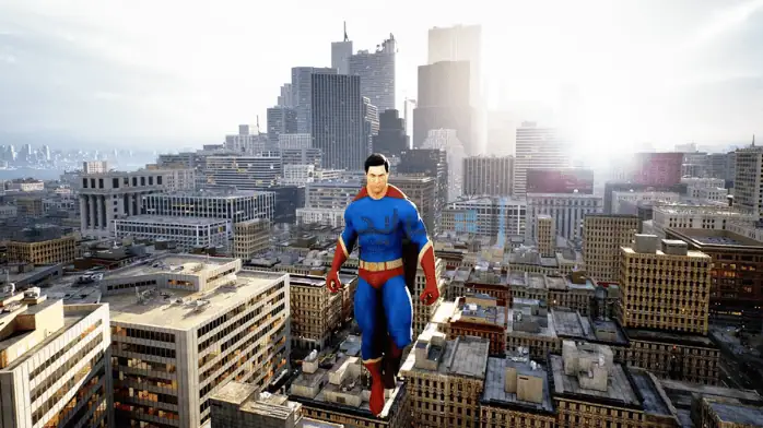 غلاف لعبة كمبيوتر ذات طابع سوبرمان يظهر البطل الخارق الشهير أثناء العمل على خلفية مدينة نابضة بالحياة.
