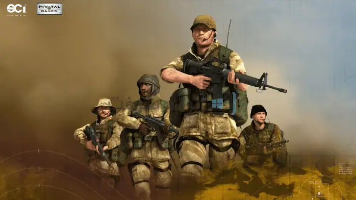 لقطة شاشة من لعبة عاصفة الصحراء للكمبيوتر الشخصي، تظهر فيها المركبات العسكرية والجنود في مشهد صحراوي.