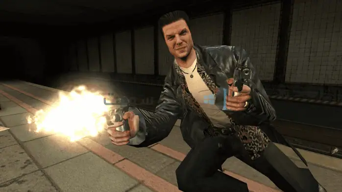 لقطة شاشة للعبة Max Payne 1 للكمبيوتر الشخصي، تتميز بأسلوب اللعبة الأسود المميز وعناصر اللعب المليئة بالإثارة.