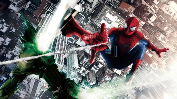 غلاف لعبة Amazing Spider-Man 2 للكمبيوتر الشخصي يظهر SpiderMan وهو يقوم بعمله على خلفية أفق المدينة.
