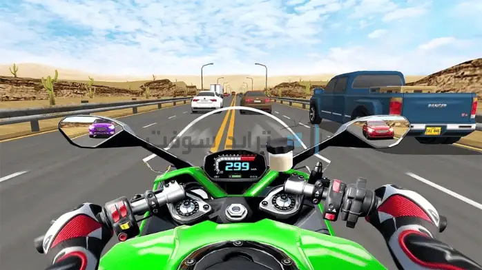 لقطة شاشة للعبة Road Rash للكمبيوتر الشخصي، والتي تضم متسابقي الدراجات النارية في سباق مكثف على طريق متعرج.