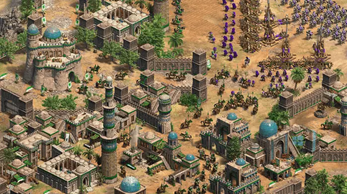 لقطة شاشة للعبة Age of Empires 2 على الكمبيوتر الشخصي، والتي تتميز بالمعارك التي تعود إلى العصور الوسطى وإدارة الموارد الاستراتيجية.