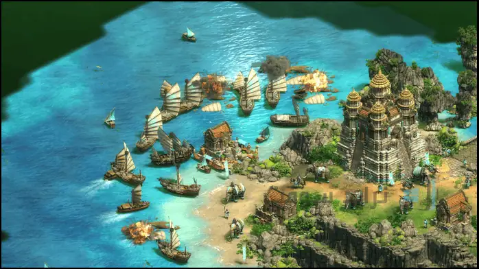لقطة شاشة للعبة Age of Empires 2 على الكمبيوتر الشخصي، تتميز بالجيوش التي تعود إلى العصور الوسطى والمناظر الطبيعية النابضة بالحياة.