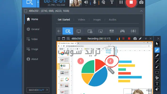 برنامج تسجيل الشاشة Bandicam مفتوح على جهاز الكمبيوتر، ويحتوي على عناصر تحكم في التسجيل ونافذة معاينة.