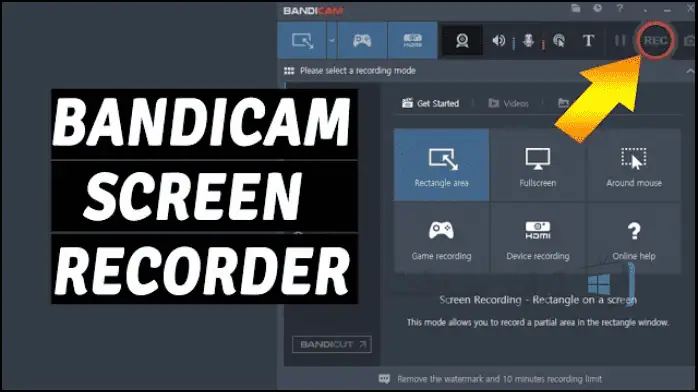 واجهة تسجيل الشاشة لبرنامج Bandicam، تعرض خيارات التسجيل والإعدادات لعام 2025.