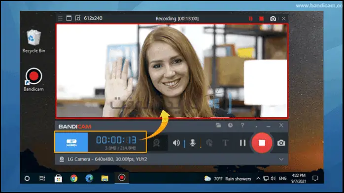 واجهة تسجيل الشاشة لبرنامج Bandicam تُظهر خيارات التقاط الفيديو والإعدادات للمستخدمين.