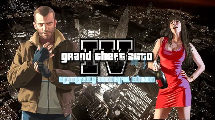 لقطة شاشة من لعبة GTA 4 تظهر منظرًا للمدينة مع ناطحات السحاب والمركبات وشخصية في المقدمة.