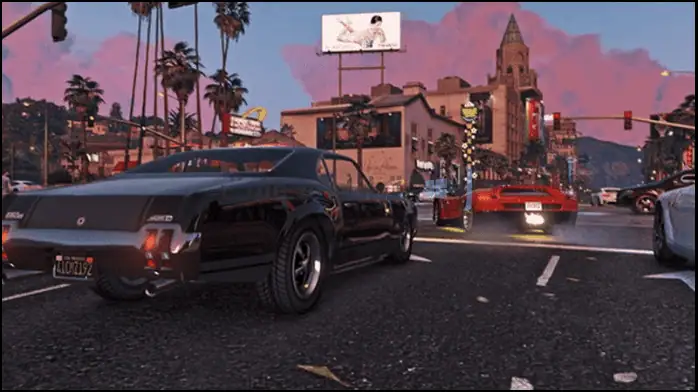 صورة ترويجية للعبة GTA 8، تعرض مناظر المدينة المستقبلية والشخصيات في بيئة مليئة بالإثارة لعام 2025.