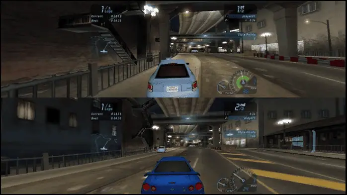 صورة Need for Speed ​​Underground 2 للكمبيوتر الشخصي، تعرض سيارة سباق في مشهد مدينة ملون ومضاء في الليل.