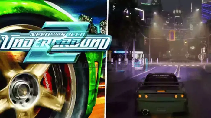 فن الغلاف للعبة Need for Speed ​​Underground 2 يظهر سيارة أنيقة تتسابق عبر شوارع المدينة المضاءة بالنيون في الليل.