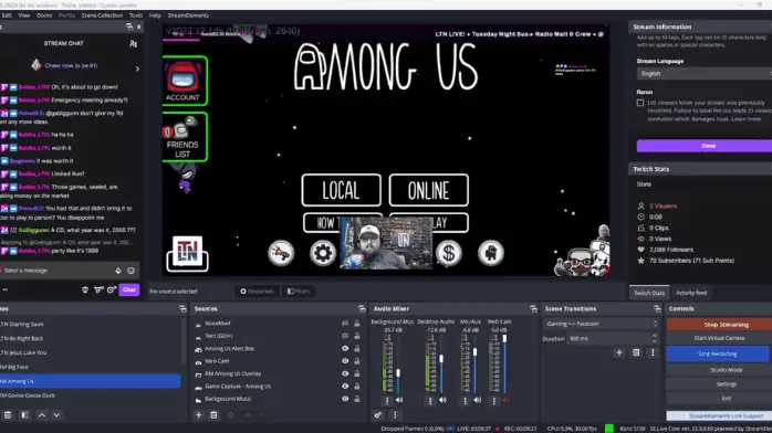 برنامج OBS Studio مفتوح على جهاز الكمبيوتر، يعرض لوحة التحكم الرئيسية مع أدوات لبث الفيديو والتسجيل.