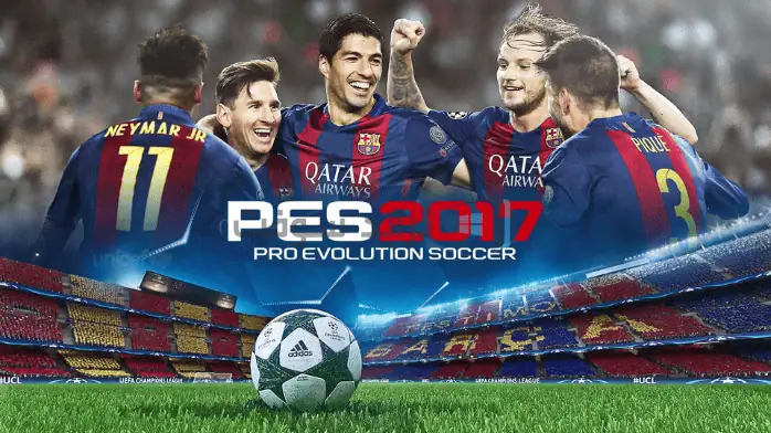 غلاف لعبة الفيديو PES 2017 يظهر لاعب كرة قدم أثناء اللعب، ويعرض رسومات نابضة بالحياة وعنوان اللعبة بشكل بارز.