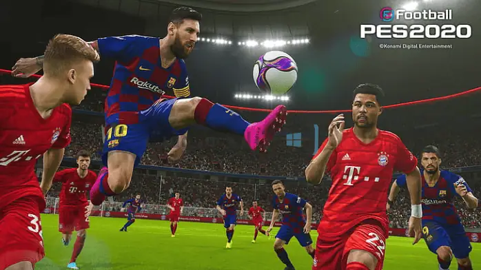غلاف لعبة PES 2020 يتميز برسومات نابضة بالحياة ولاعبي كرة القدم أثناء اللعب على منصة الكمبيوتر الشخصي.
