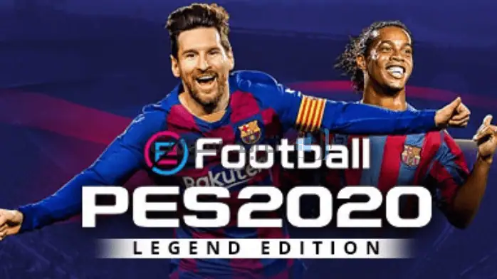غلاف لعبة الفيديو PES 2020 يظهر لاعب كرة قدم أثناء اللعب، ويعرض رسومات نابضة بالحياة وعنوان اللعبة بشكل بارز.
