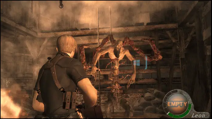 لقطة شاشة للعبة Resident Evil 4 على الكمبيوتر الشخصي، تظهر فيها شخصية تتنقل في بيئة مظلمة وغريبة مع وجود أعداء بالقرب منها.