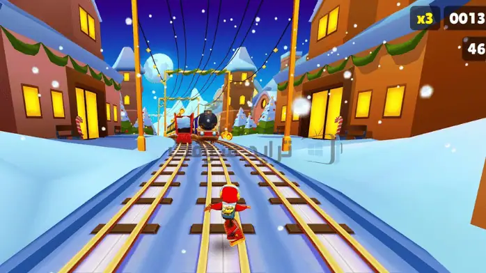 مشهد حيوي من لعبة Subway Surfers 2025 يظهر شخصيات تتفادى القطارات وتجمع العملات المعدنية في مترو أنفاق مزدحم.