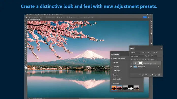 تطبيق Adobe Photoshop مفتوح المصدر على جهاز كمبيوتر شخصي، يتميز بأدوات التحرير والأعمال الفنية الملونة قيد التقدم.