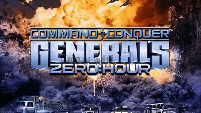فن الغلاف تحميل Generals Zero Hour يظهر المركبات العسكرية والجنود في مشهد معركة مكثف.