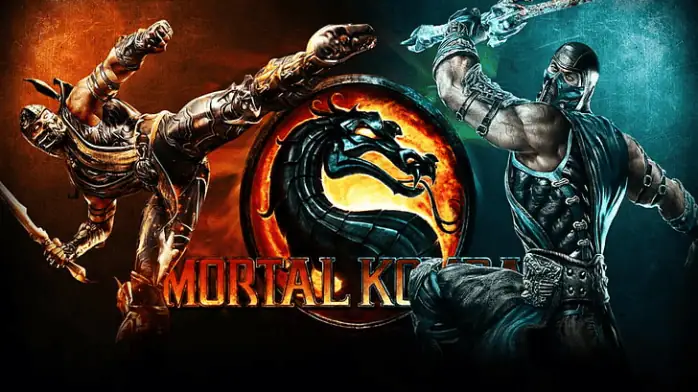 تحميل لعبة Mortal Kombat 9 يضم شخصيات مميزة وخلفية نارية، تمثل سلسلة ألعاب الفيديو القتالية الشهيرة.