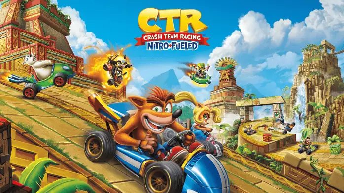 مشهد نابض بالحياة من لتحميل لعبة Crash Team Racing يضم شخصيات ملونة تتسابق على مسار ديناميكي مع تعزيزات القوة والعقبات.