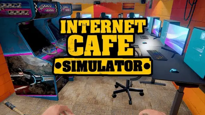 لقطة شاشة تحميل لعبة Internet Cafe Simulator للكمبيوتر، تعرض مقهى افتراضيًا به أجهزة كمبيوتر وعملاء وإعدادات ألعاب.