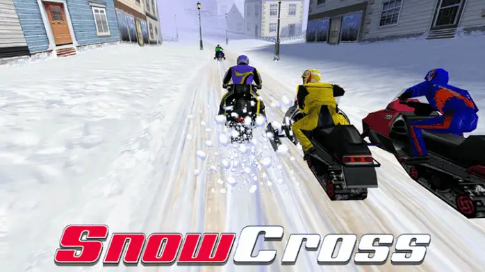 تحميل لعبة موتوسيكلات مشهد نابض بالحياة من لعبة دراجات نارية عبر الثلوج يظهر فيه راكبون يتسابقون على أرض ثلجية مع قفزات وعقبات ديناميكية.