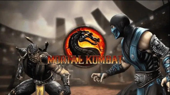 تحميل لعبة Mortal Kombat 9 يضم شخصيات شهيرة في وضعية قتال شرسة مع خلفية درامية مظلمة.