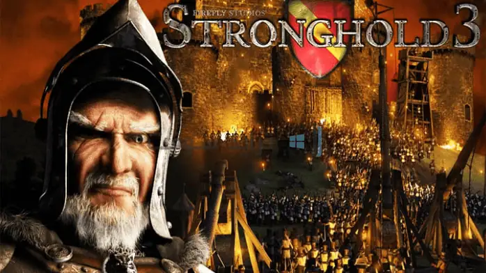 لقطة شاشة تحميل لعبة صلاح الدين 3، تُظهر قلعة من العصور الوسطى محاطة بالمناظر الطبيعية الخضراء وتشكيلات المعركة الإستراتيجية.