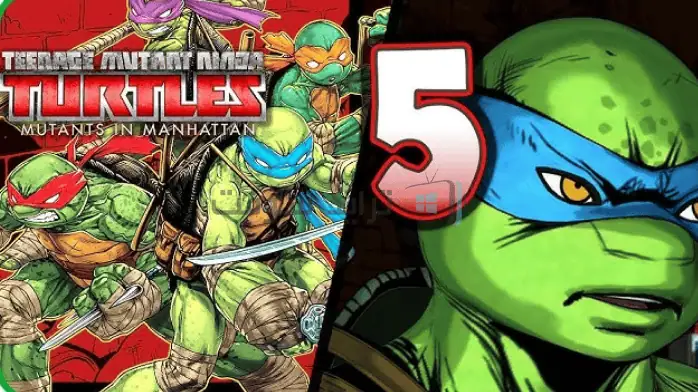 تحميل لعبة سلاحف النينجا 5 المراهقة المتحولة، تظهر السلاحف الأربعة في وضعيات الحركة مع أسلحتهم المميزة.