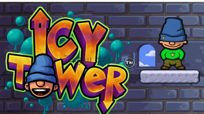 تحميل لعبة النطاط Icy Tower رسم توضيحي رقمي لبرج الجليد، يظهر فيه شخصية تقفز بين المنصات الجليدية في بيئة ثلجية.