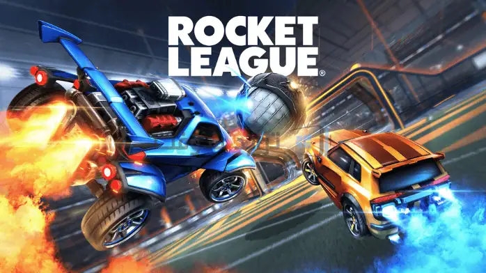 مشهد ديناميكي من لعبة Rocket League، يضم سيارات تلعب كرة القدم في ساحة نابضة بالحياة مع رسومات ملونة.