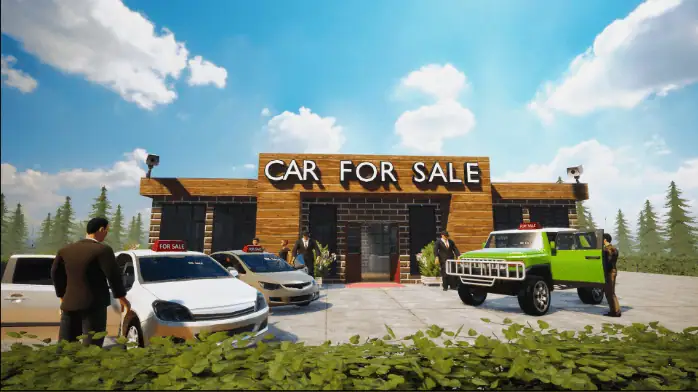 لقطة شاشة لواجهة تحميل لعبة Car For Sale Simulator 2023 على الكمبيوتر الشخصي، تعرض سيارات مختلفة وخيارات التسعير.