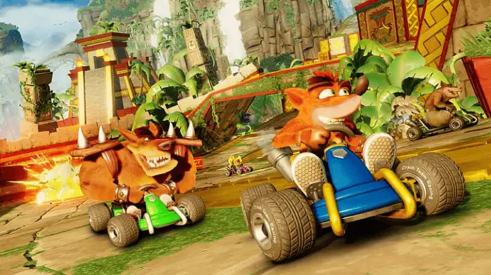 لقطة شاشة للعبة Crash Team Racing على الكمبيوتر الشخصي، تتميز برسومات نابضة بالحياة وشخصيات تتسابق على مسار ملون.
