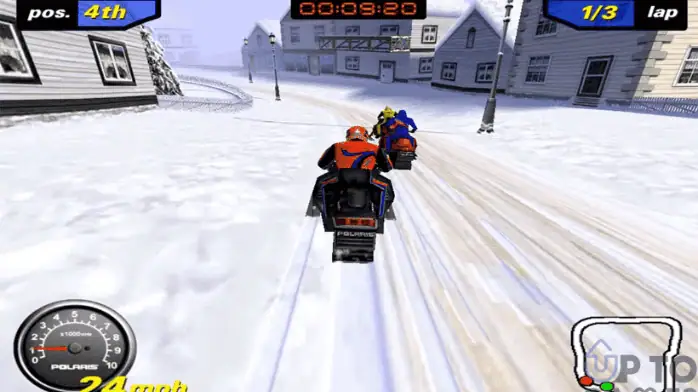 لقطة شاشة للعبة Snow Cross Motorcycle على الكمبيوتر الشخصي، والتي تتميز بسباقات الدراجين على التضاريس الثلجية مع رسومات نابضة بالحياة.