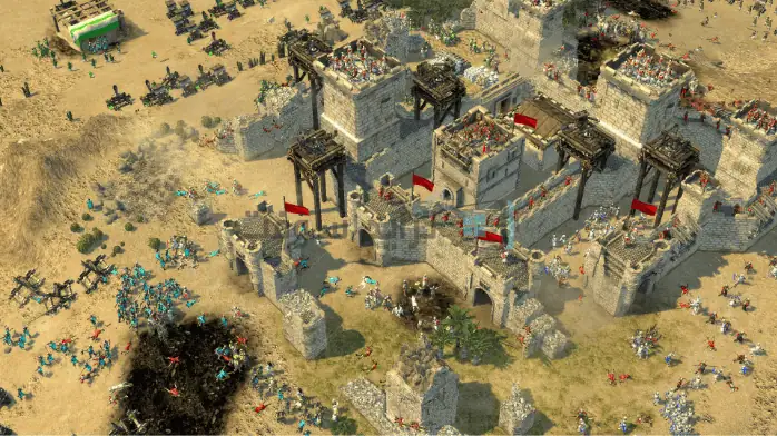 لقطة شاشة للعبة Stronghold Crusader 2 على الكمبيوتر الشخصي، تتميز ببناء القلعة في العصور الوسطى وعناصر الحرب الاستراتيجية.