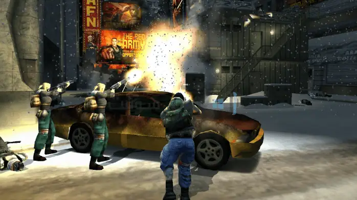 صورة شعار لعبة "Freedom Fighters" والتي تظهر جنديًا في وضعية قتالية، للترويج للنسخة المجانية للكمبيوتر الشخصي.