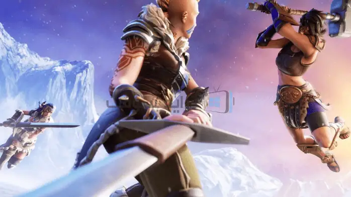 إعداد ألعاب يضم جهاز كمبيوتر يعمل بنظام Fortnite، ويعرض رسومات نابضة بالحياة وبيئة لعب غامرة.