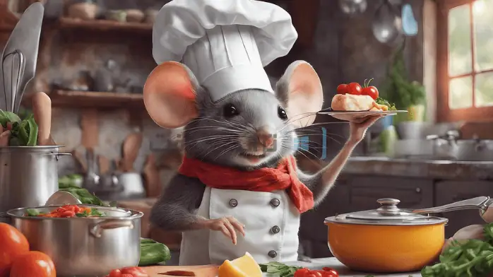 تحميل لعبة الفار الطباخ فأر كرتوني يرتدي زي طاهٍ، ويرتدي قبعة بيضاء ومئزرًا، ويقف بجانب جهاز كمبيوتر، جاهزًا للطهي.